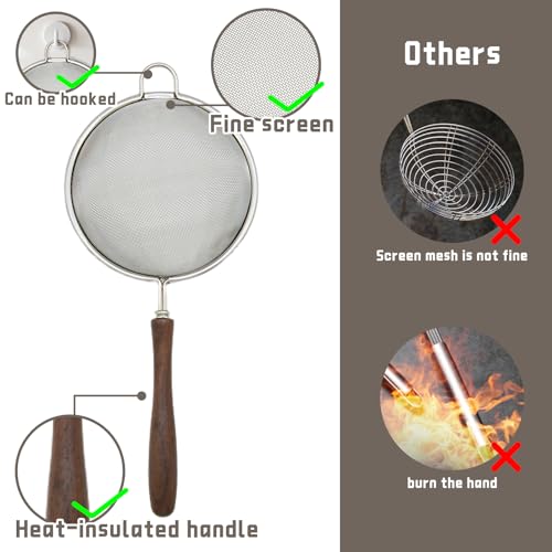 Flylin 3Pcs Stainless Steel Silver Walnut Long Handle Mesh Strainer Set