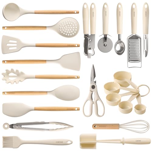 CAROTE 22-Piece Cooking Utensils Set with Wood Cool-Touch Handles, Cream - size: 22 PCS