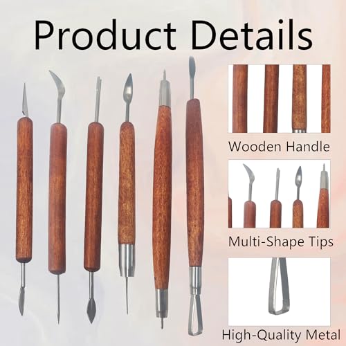 AUXBC 6Pcs Double-Sided Pottery & Clay Sculpting Tools Set, Smooth Wooden Handles Sculpting Polymer Tools for Embossing, Carving, Modeling with Polymer Clay, Fondant, Dough
