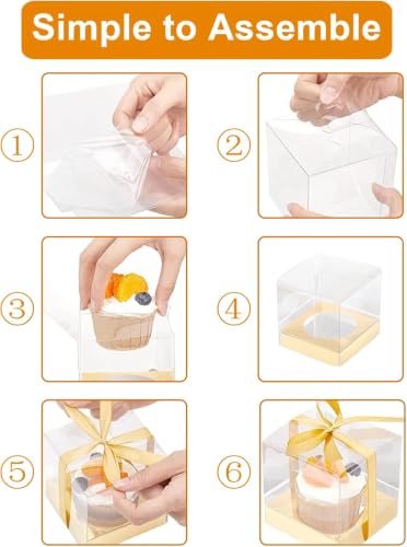 60 Pcs Clear Plastic Cupcake BoxesGold Single Cupcake Containers