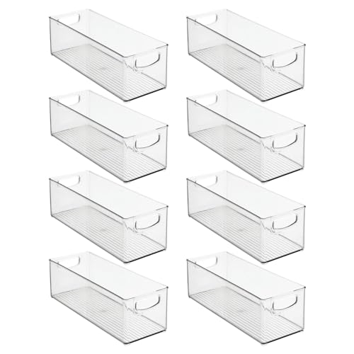 mDesign Plastic Stackable Kitchen Organizer - Storage Bin with Handles for Refrigerator, Freezer, Cabinet, and Pantry Shelves Organization - Food Container - Ligne Collection - 8 Pack - Clear - size: 16 x 6 x 5