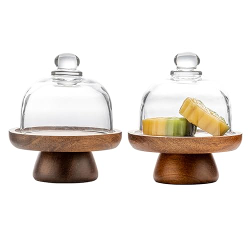 2 Pack 4.1 Inch Mini Cake Stands with Glass Domes, Acacia Wood Dessert Display Stands for Macarons, Cupcakes, Candy, Cookies and Cheese Bites - color: Two 4.1-inch Mini Acaciawood Dessert Cups