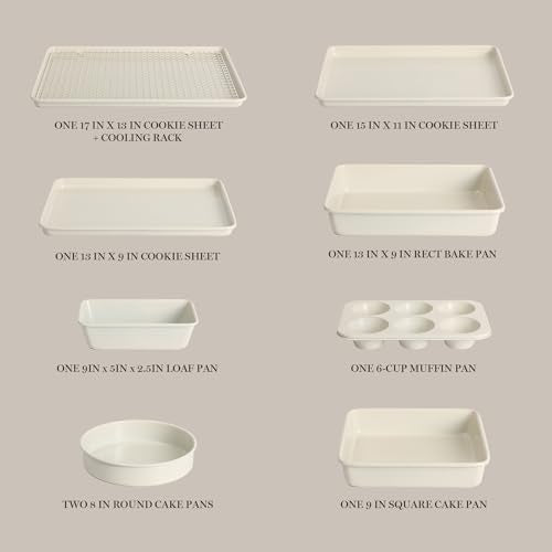 Martha Stewart Gallen 10 Piece Baking Pans Ceramic PFA Free Non Toxic Non Stick Bakeware Set - Linen White - color: Linen White