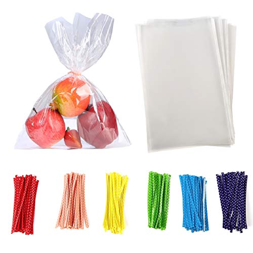 Brandon-super 100 Pcs Clear Flat Cello Cellophane Treat Bags Good for Bakery,Popcorn,Cookies,Candies,Dessert 1.2mil.Give Metallic Twist Ties! (9"x12") - size: 9 x 12 inches (Pack of 100)