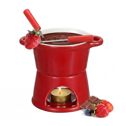 BSTKEY 300ML Ceramic Butter Warmer Set with 2 Forks, Fondue Pot Melting Pot Set, Melt Hot Pot Bowl Set for Cheese Chocolate Butter Caramel (Red) - color: Red