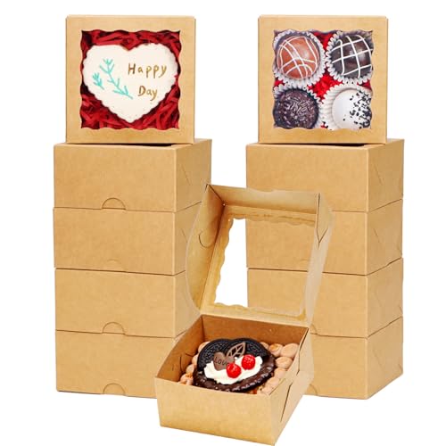 50 Pack Cookie Boxes with Window 4x4x2 Inch,Bakery Boxes - color: Brown