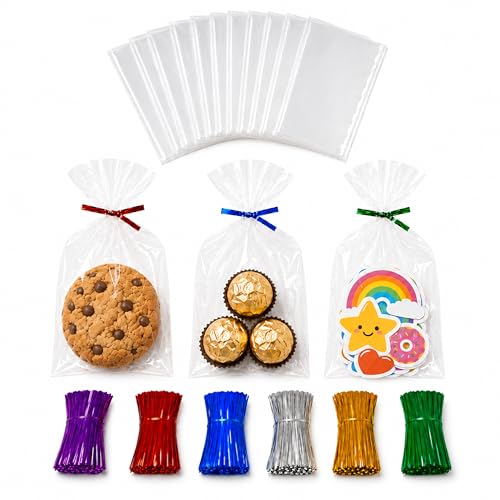 600 Clear Cello/Cellophane Treat Bags and Ties 4'' x 6'' (10.2 x 15.2cm) - 1.4 Mil Extra OPP Plastic Poly Bags for Gift in Bulk for Lollipop Cake Pop Candy Buffet Chocolate Cookie Wedding Supply