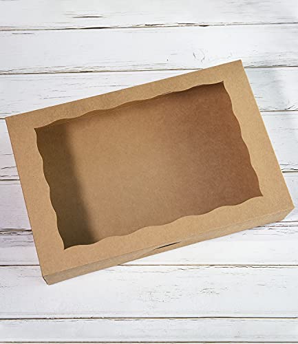 ONE MORE 15-Pack Brown Pastry Box12x8x2.5inch,Large Bakery Cookie Box for Donuts,Muffins with Window Lid - Auto-Pop up Paper Box Doughnut Cardboard Chocolate Strawberries Treat Boxes,Pack of 15