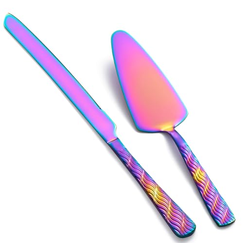 Rainbow Cake Cutting Set, Stainless Steel Cake Knife and Server, Cake Pie Cutter Set for Wedding, Birthday, Party - color: Rainbow