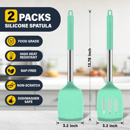 2 Pack Silicone Spatula Set, Solid & Slotted Turner for Non-Stick Pans - color: Teal
