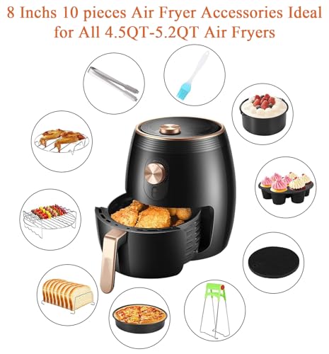 Air Fryer Accessories Set Fit All 4.5qt-5.2qt And Larger Ovens, Cake & Pizza Pan, Metal Holder, Rack & Skewers, etc, BPA Free, Nonstick, Dishwasher Safe,Universal, Black (8 Inch 10-Piece) - style: 8 Inch 10-Piece