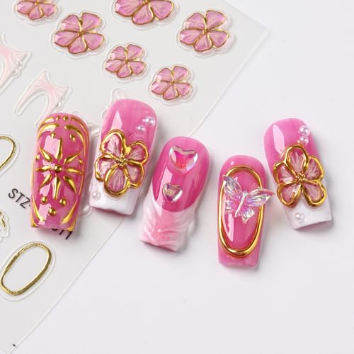 Stickers para Uñas Nail Stickers Self-Adhesive Sticker Gold Pink 3D Flower Embossed Calcomanías para Uñas Colorful Floral Art Design Accessories Hight Quality 3 Sheets - color: 3d Flower Style10