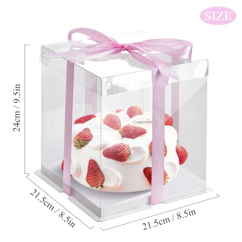 BURLIHOME 8x8x10 Clear Cake Boxes,Square Cake Carrier with Ribbon,5 Pack