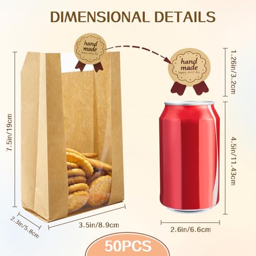 WIKDAY Cookie Bags with Window 50PCS Small Paper Treat Bread Bakery Bags - size: Small Size (3.5" x 2.3" x 7.5") with Stickers A