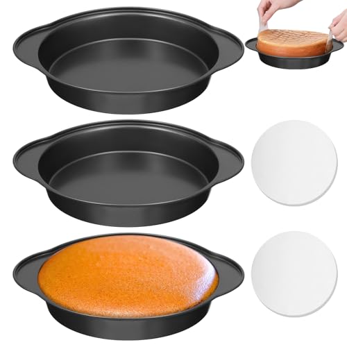 9 Inch Round Cake Pan with Handle, 3 Pcs Nonstick Cake Pans with 100 Pcs Parchment Paper, Carbon Steel Cake Baking Pans Set, Dishwasher Safe