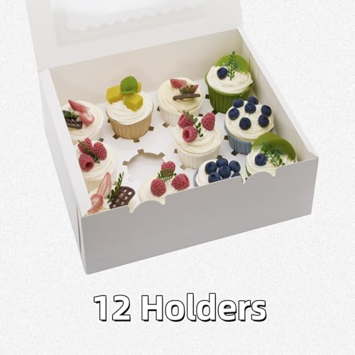4 Pack Cupcake Boxes, Hold 12 Count Cupcake Containers with Window, High Grade Cupcake Holder, Easy Transport and Presentation, for Birthday Holiday Party, Desserts and More (White - 4 Pack)