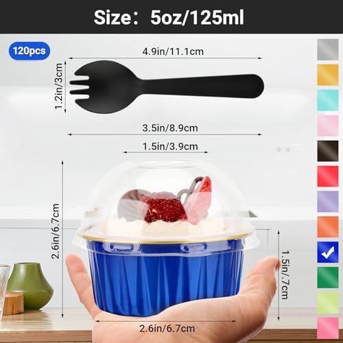 EUSOAR Mini Cake Pans with Lids and Sporks Individually Wrapped, 120pcs 5oz Creme Brulee Ramekins Disposable Cupcake Liners, Foil Ramekins Muffin Dessert Baking Cups for Wedding Picnic Gathering - color: Royal Blue/Gold
