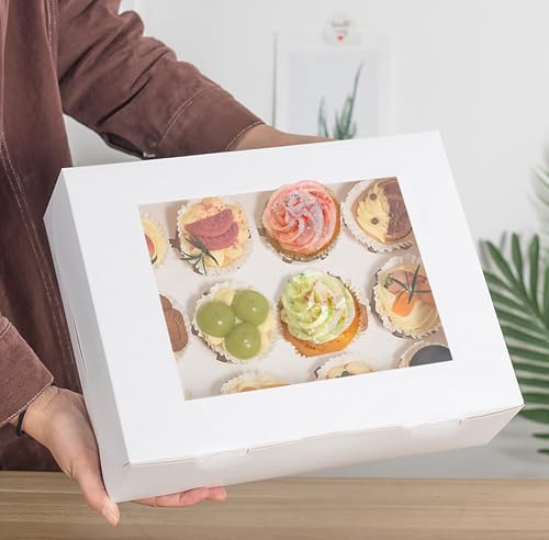 18 Pack Cupcake Boxes Hold 12 Standard Cupcakes, 13 x 10 x 3.5 Inch Paper Dozen Cupcake Containers Bulk with Window and Inserts, Disposable Bakery Pastry Carrier for Muffins, Cookies, White