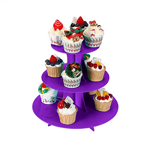YLDW Cupcake Stand, 3-Tier Cupcake Stand Display, Cardboard Cup Cake Tower Stand, Disposable Dessert Stand for Birthday Tea Party Baby Shower Treat Decorations, Purple - color: Purple