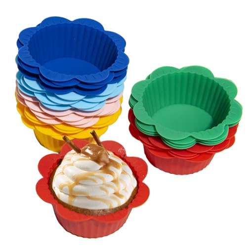 24 Pcs Silicone Muffin Liners with Tabs, Reusable Cupcake Liners for Steel Muffin Pan, Non-Stick Baking Cups (24Pcs-6Colors)