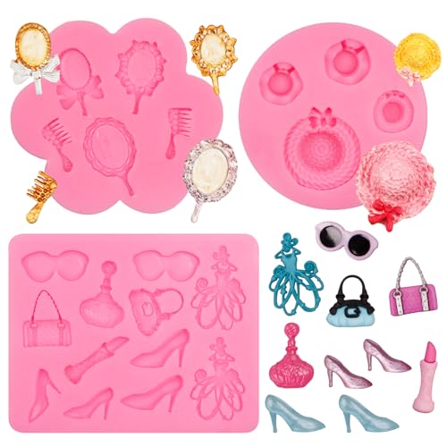 Makeup Theme Fondant Molds, High Heels Lipstick Perfume Silicone Molds, Mirror Comb Sun Hat Cake Decorating Chocolate Molds for Cupcake Topper Candy Sugar Craft Gum Clay Resin Set of 3