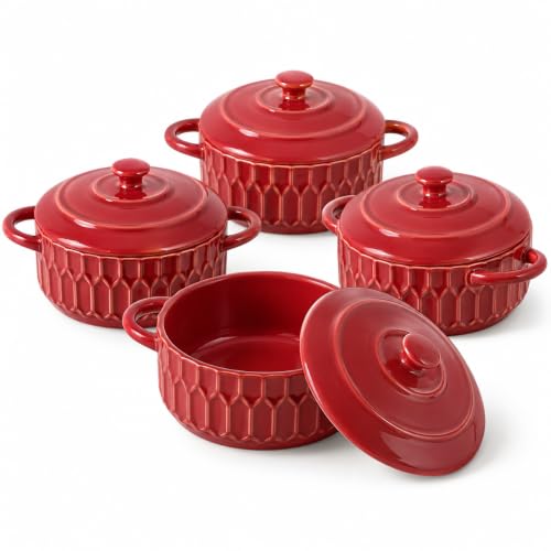 Mini Cocotte Set of 4, 14 oz Ceramic Casserole Dishes with Lids - color: Cherry Red