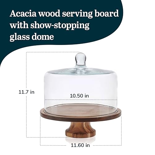 Libbey Acacia Wood Cake Stand with Glass Dome Lid, Footed Server - color: Footed Round