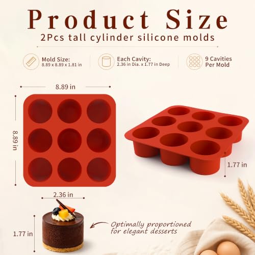 2Pcs Tall Cylinder Silicone Molds for Mousse Cake, 9-Cavity 3D Cylinder Shape Silicone Baking Mold for Mini Cheesecake, Brownie, French Dessert Pastry - color: 9-Cavity Tall Cylinder Silicone Molds