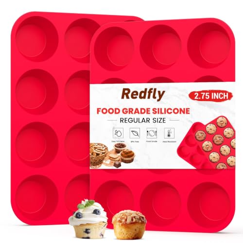 Redfly 2 Pack Silicone Muffin Pans for Baking & Cupcake Pan - 12 Cup Regular Size Silicone Molds, BPA Free Egg Bites Mold - color: Red, size: 2pcs: 12-Cup