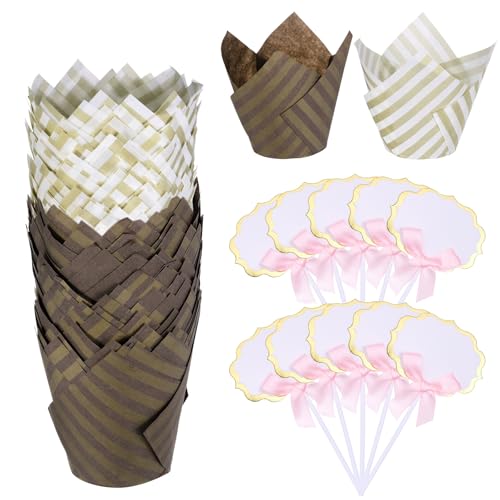 uxcell 100Pcs Tulip Cupcake Liners with 10Pcs Cheese Markers Muffins Liners - color: White/Brown