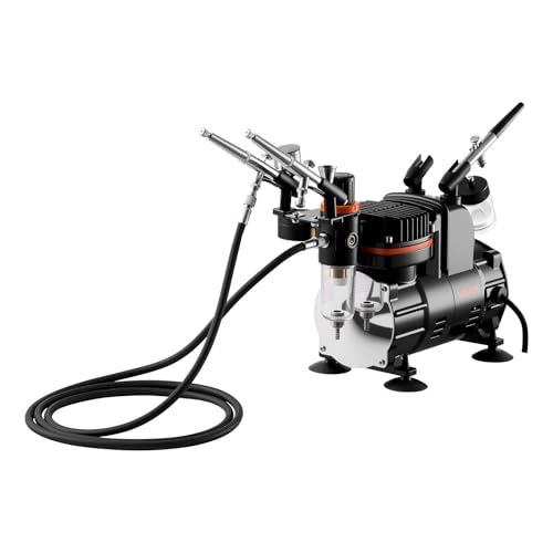 VEVOR Airbrush Kit, 1/6 HP, Air Brush Kit with Air Compressor, 3 Dual-Action Professional Airbrushes with 3 Tips, Hose, Acrylic Paint, Brush, Low Noise, for Cake Decorating, Model Painting, Nail Art - style: Airbrush Kit +24 Paints