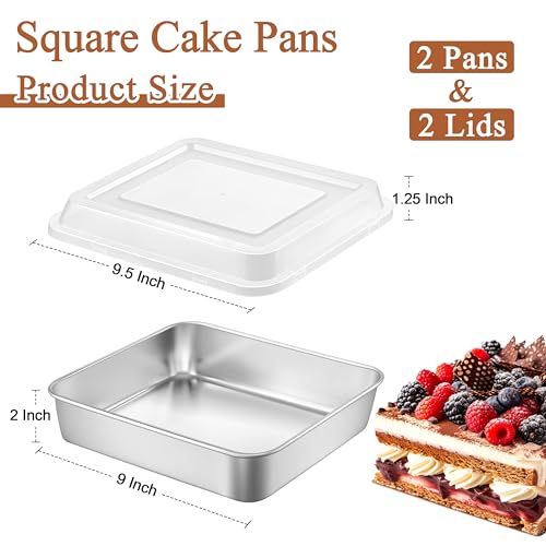 LIANYU 9 x 9 Baking Pan with Lid Set, 4 Pack Stainless Steel Cake Pans - size: 9 x 9 Inch