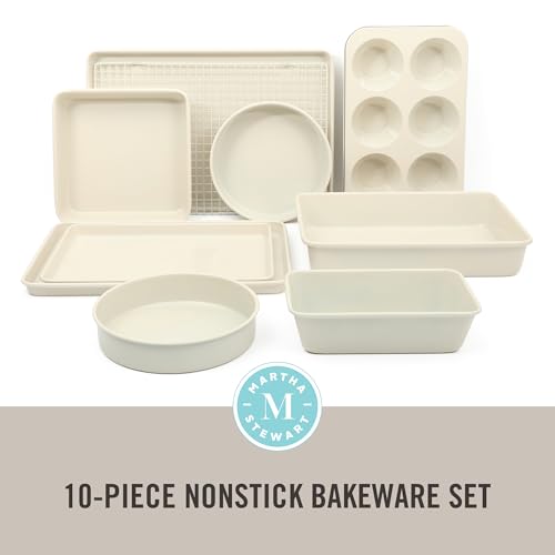Martha Stewart Gallen 10 Piece Baking Pans Ceramic PFA Free Non Toxic Non Stick Bakeware Set - Linen White - color: Linen White