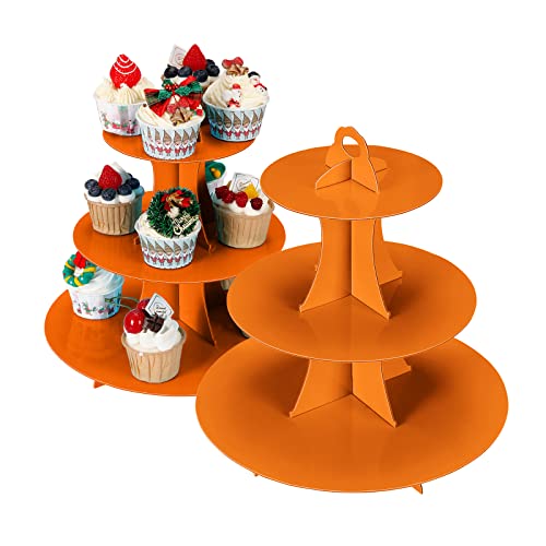 YLDW Cupcake Stand, 3-Tier Cupcake Stand Display, Cardboard Cup Cake Tower Stand, Disposable Dessert Stand for Birthday Tea Party Baby Shower Treat Decorations, Orange - color: Orange