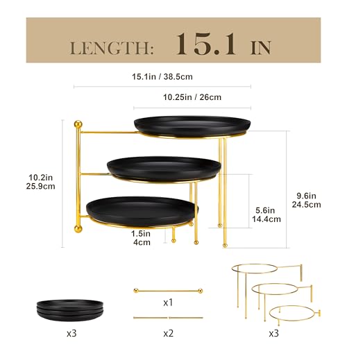 MALACASA Round 3 Tier Serving Tray,10.25 Inch Black Porcelain Dessert Stand - color: Black Gold