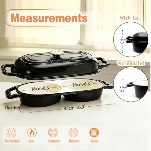 DIY Double Dutch Oven for Sourdough Bread Baking – Enamel Cast Iron Bread Baker with Lid, Bake Two Different Loaves at Once, 500°F Oven Safe, Includes 2×10" Banneton Proofing Baskets - color: Black