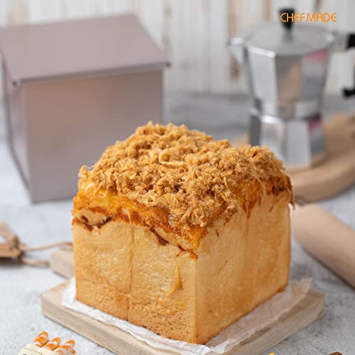 CHEFMADE Square Pullman Loaf Pan with Lid, 1Lb Dough Capacity Non-Stick Rectangle Flat Toast Box for Oven Baking 5.3" x 5.3"x 5.2"(Champagne Gold) - size: 03 - 1Lb Dough-Cap. Flat