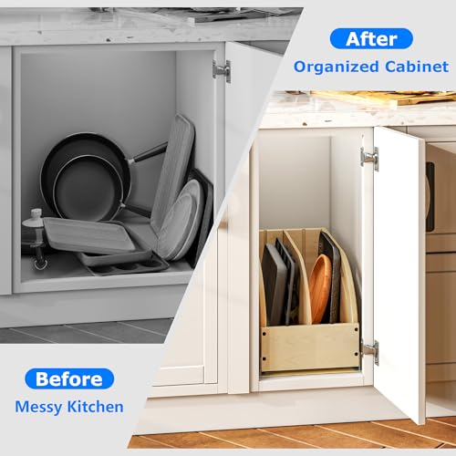 WelFurGeer Birchwood Pot and Pan Organizer with Soft-Close Drawer, Pull Out Cabinet Organizer, Heavy-Duty Slide-Out Storage for Baking Sheets, Cutting Boards, and Kitchen Utensils - size: 10"W X 21"D