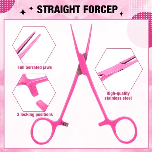 BBTO 2 Pcs Hemostat Forceps Curved Straight, Piercing Pliers,Pink - color: Pink