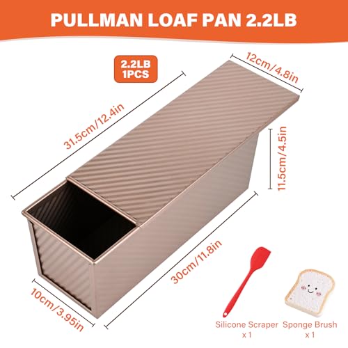 Pullman Loaf Pan with Lid 13x4 Inch, 2.2lb Dough Capacity for Homemade Bread, Non-stick Corrugated Carbon Steel Bread Toast Box with Cover for Bakeware, Sandwich & Toast Oven Baking, Gold - size: 2.2 lb