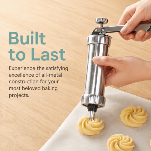 Aluminum Alloy Cookie Press Maker Set, Silver Biscuits Maker with 7 Piping Nozzles and 13 Pattern Discs for Cake Decorating Baking Tool