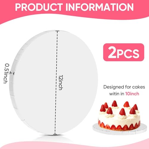2 Pack Round Cake Boards Drums 12 Inch Sturdy 1/2 Thick Professional Cardboard Base para Pastel Smooth Straight Edges White for Multi-Layer