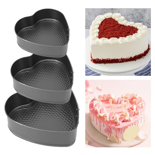 3pcs Springform Pan, 7,8,9 Inch Cheesecake Pans with Removable Bottom, Carbon Steel Baking Pans Nonstick Baking Tin Cake Mould for Small Pizza Pie (Heart Shape)