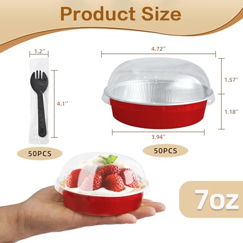 Mini Cake Pans With Lids And Spoons, Baking Tins For Round Small Desserts 7 Oz Aluminum Foil Baking Pans Disposable Ramekins Individual Cake Containers Holders For Tart Quiche Flan (50, Red) - color: Red
