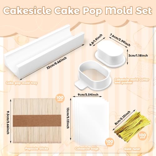 3 Inch Cakesicle Cutter and Cake Pop Mold Set with 8.7in Tray, 100 Wooden Sticks & 100 Bags, Silicone Cakesicle Mold for Homemade Cake Pops, Baking, Birthdays and Party Desserts (White) - color: White