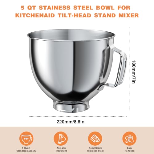 5 QT Stainless Steel Mixer Bowl for KITCHENAID TILT-HEAD 4.5-5 Qt Mixer - color: Silver