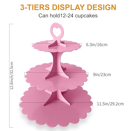 Pink Cupcake Stand 3-Tier, Cardboard Dessert Display Tower, 1-Pack - color: Pink 1 Pack