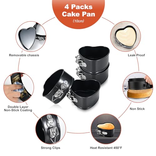 4 Pack Non-Stick Cheesecake Pan Springform Cake Pan Set, 4" Leakproof Moule a Gateau Heart Cake Pan, Removable Bottom Quick Release Latch Moulds for Birthday Cake - color: Heart, 4x4 inch