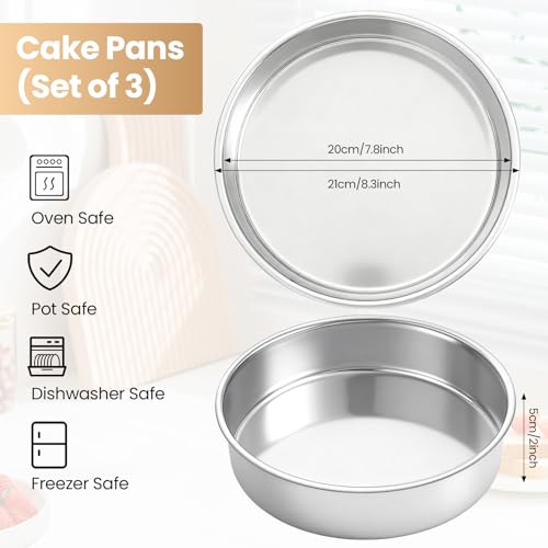 3 Pcs Round Cake Pans, 8 Inch, Stainless Steel
