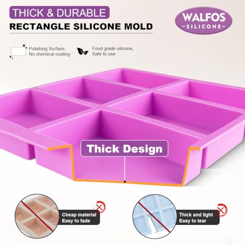 Walfos Silicone Soap Molds,Rectangle Mold 6 Cavities,Non-Stick,4 Pack
